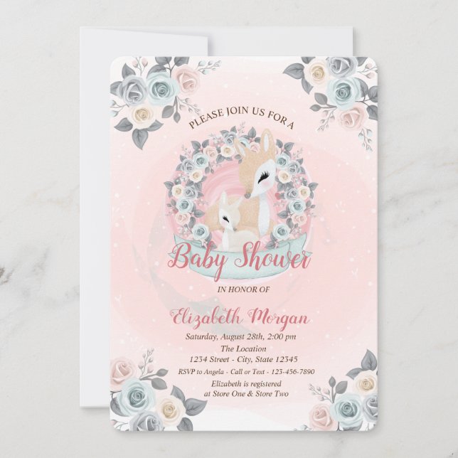 Invitación Baby Deers Floral Watercolor Baby Shower (Anverso)