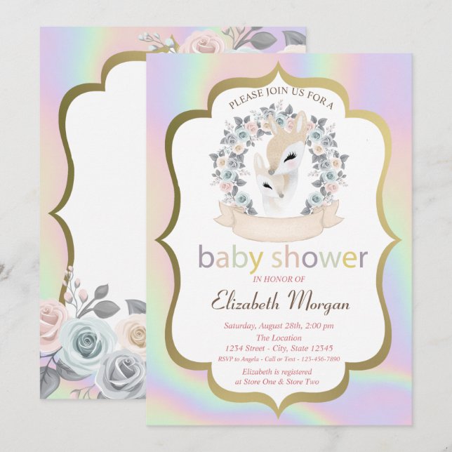 Invitación Baby Deers Frame Rosas Baby Shower Holográfico (Anverso / Reverso)