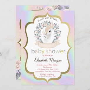 Invitación Baby Deers Frame Rosas Baby Shower Holográfico