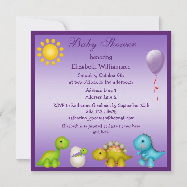 Invitación Baby Dino y Dinosaurios Baby Shower morado (Anverso)