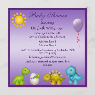 Invitación Baby Dino y Dinosaurios Baby Shower morado