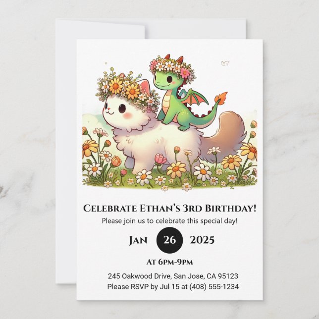 Invitación Baby Dragon and Fluffy Cat in Flower Birthday (Anverso)