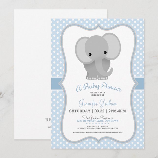 Invitación Baby Elephant (azul) Baby Shower (Anverso / Reverso)