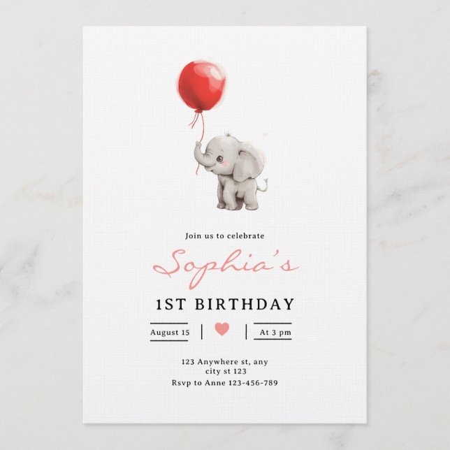 Invitación Baby Elephant Birthday Invite, Kids 1st Birhday (Anverso)