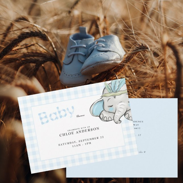 Invitación Baby Elephant Blue Gingham Baby Shower (Subido por el creador)