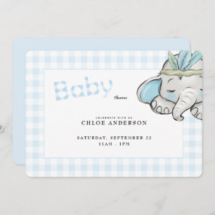 Invitación Baby Elephant Blue Gingham Baby Shower Rond