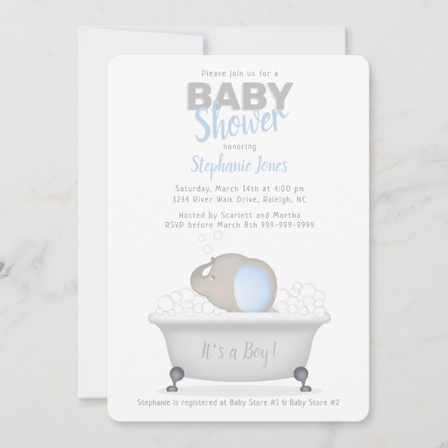 Invitación Baby Elephant Bubble Bath Boy Baby Shower (Anverso)