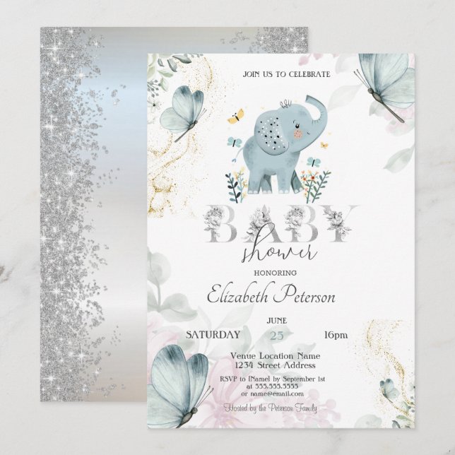Invitación Baby Elephant Butterfly Purpurina Silver Baby Show (Anverso / Reverso)