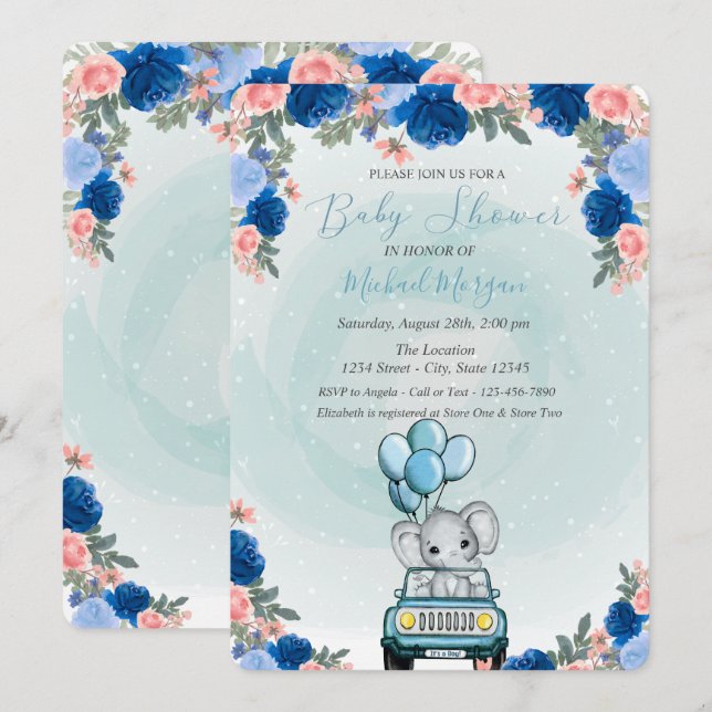 Invitación Baby Elephant Car Floral Baby Shower (Anverso / Reverso)