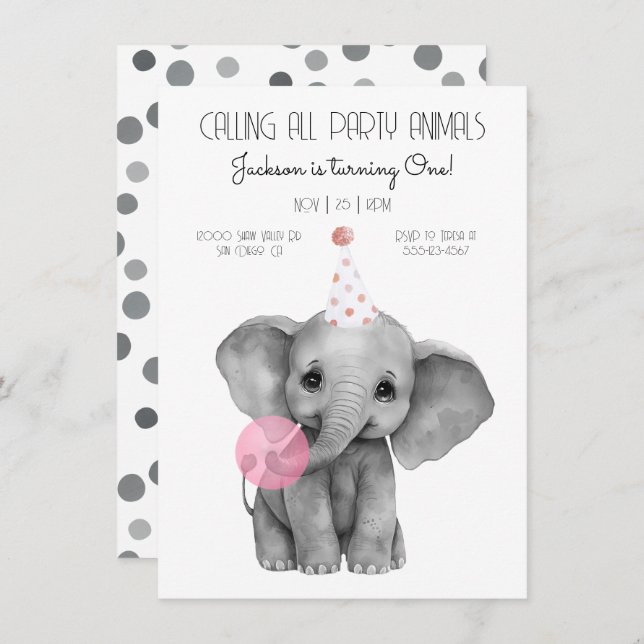 Invitación Baby Elephant cumpleaños blanco y negro (Anverso / Reverso)