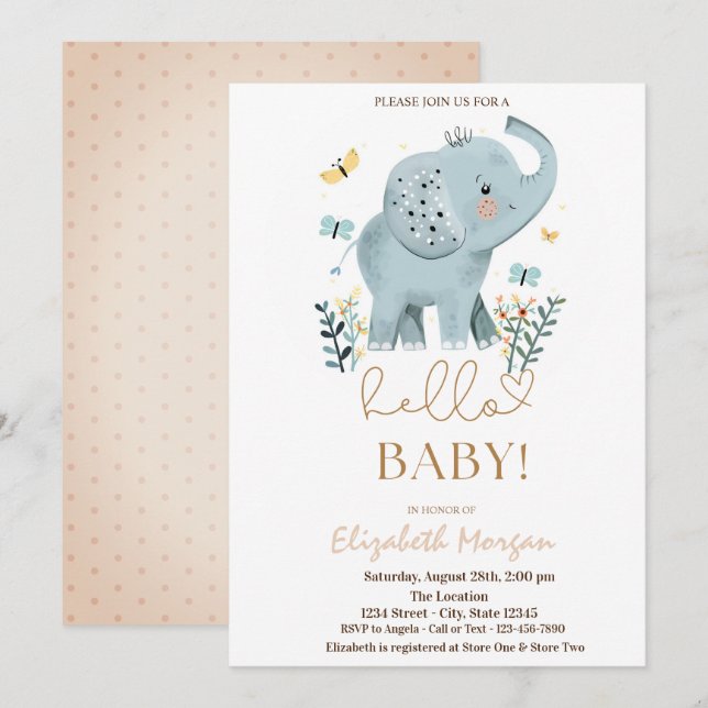 Invitación Baby Elephant Flowers Butterfly Dots Baby Shower (Anverso / Reverso)