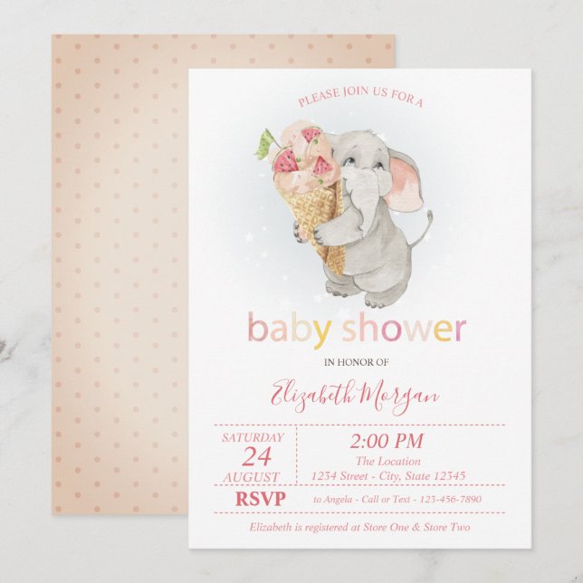 Invitación Baby Elephant Ice crema Polka Dots Baby Shower (Anverso / Reverso)