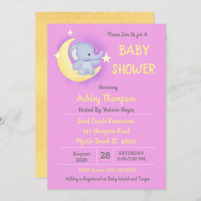 Invitación Baby Elephant Moon and Stars Baby Shower (Anverso / Reverso)