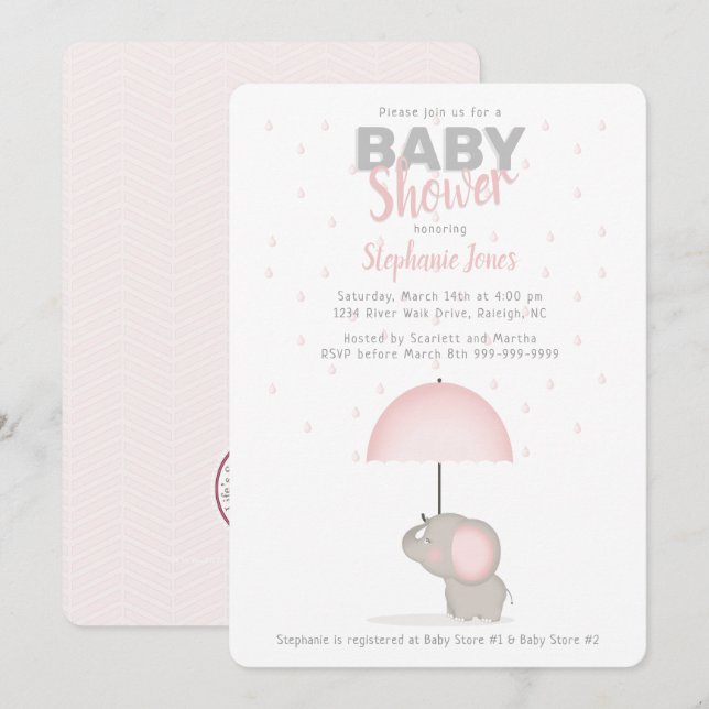 Invitación Baby Elephant Pink Baby Shower (Anverso / Reverso)