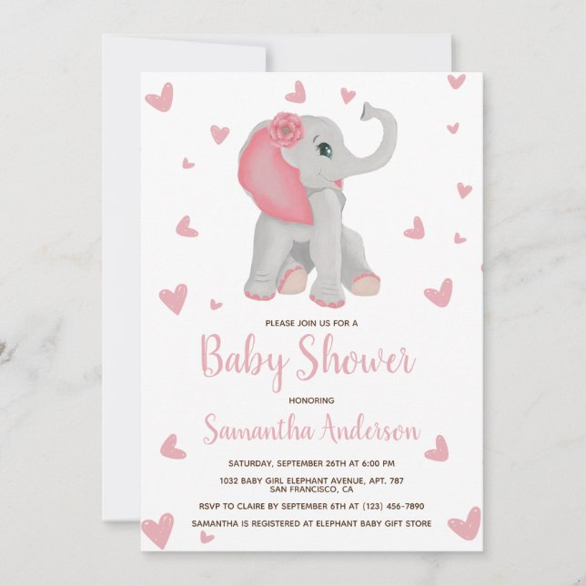 Invitación Baby Elephant Rubor Pink Floral Baby Shower Photo (Anverso)