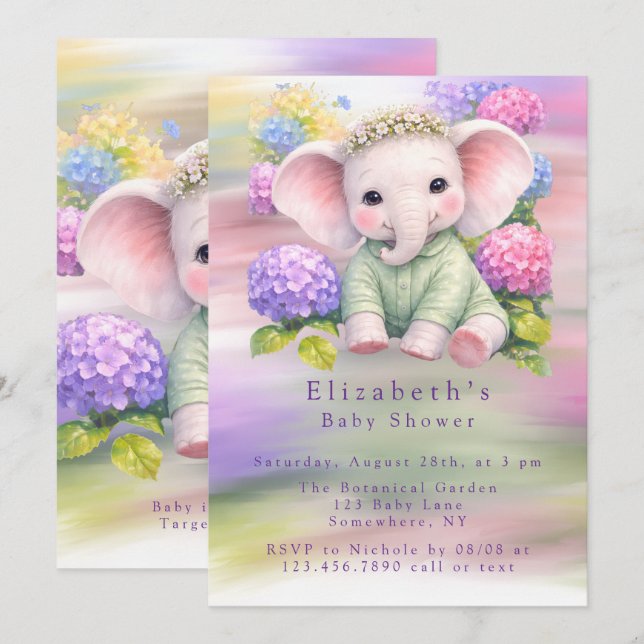 Invitación Baby Elephant with Hydrangeas Baby Shower  (Anverso / Reverso)