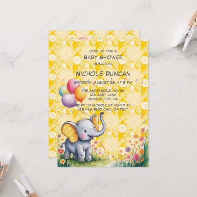 Invitación Baby Elephant Yellow Polka Dot Oars Baby Shower (Anverso/Reverso In Situ)