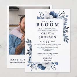 Invitación Baby En Flor Azul Foto QR Baby Shower