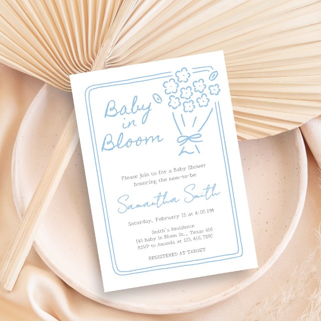 Invitación Baby En Flor Baby Shower (Blue Hand Drawn Baby in Bloom Baby Shower Invitation)