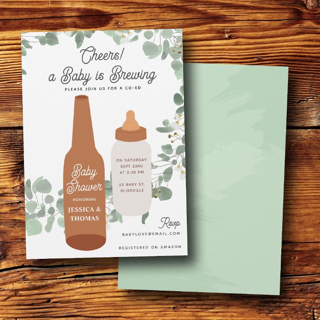 Invitación Baby está preparando cerveza y botellas para la fi (Baby is Brewing Beers & Bottles Coed Baby Shower Invitation)