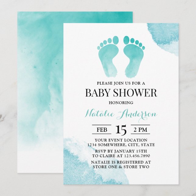 Invitación Baby Feet Watercolor Turquoise Baby Shower (Anverso / Reverso)