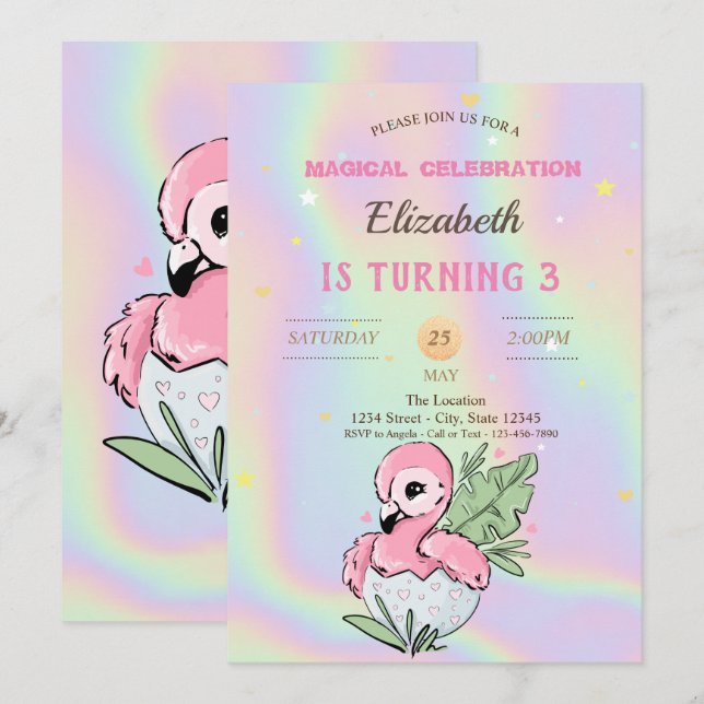 Invitación Baby Flamingo, cumpleaños holográfico (Anverso / Reverso)