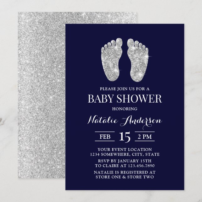 Invitación Baby Foot Moderno Navy Silver Purpurina Baby Showe (Anverso / Reverso)