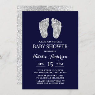 Invitación Baby Foot Moderno Navy Silver Purpurina Baby Showe