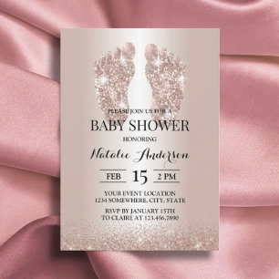 Invitación Baby Foot Moderno Rosa Gold Purpurina Baby Shower