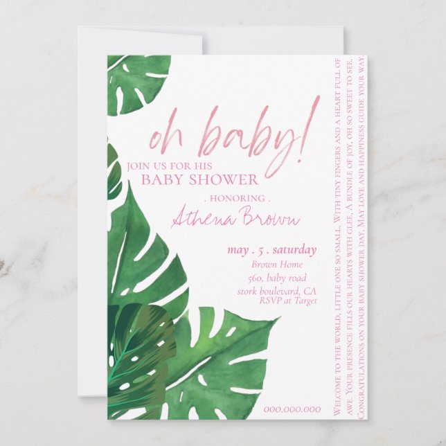 Invitación Baby Gir, Script Cita Tropical Floral Baby Shower (Anverso)