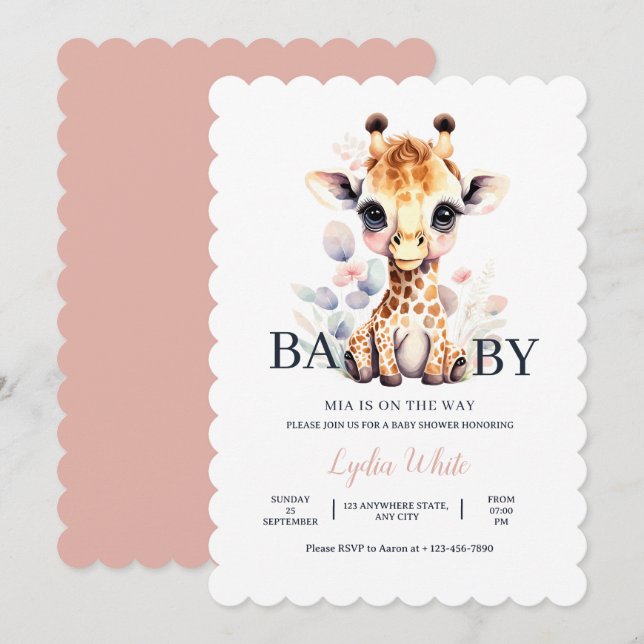 Invitación Baby Giraffe Baby Shower Chica Pink Baby Shower (Anverso / Reverso)