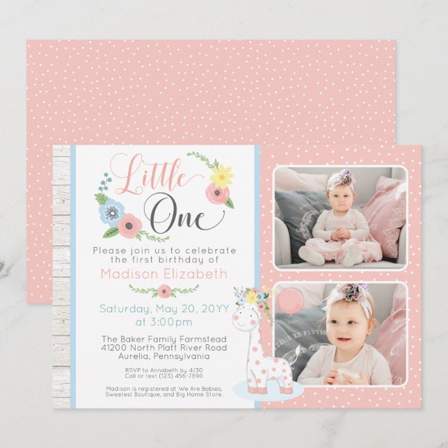 Invitación Baby Giraffe Primer Collage de fotos Floral de cum (Anverso / Reverso)