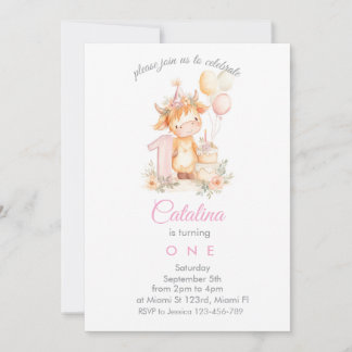 Invitación Baby Girl 1st Birthday highland cow