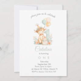 Invitación Baby Girl 1st Birthday highland cow