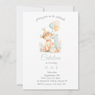 Invitación Baby Girl 1st Birthday highland cow