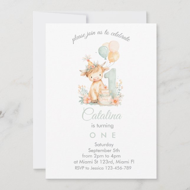 Invitación Baby Girl 1st Birthday highland cow (Anverso)