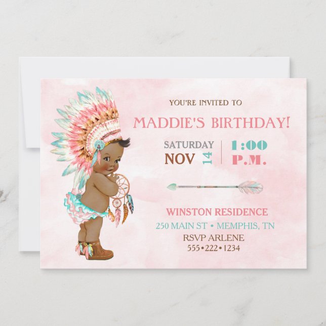 Invitación Baby Girl African American Tribal Headdress Rubor (Anverso)