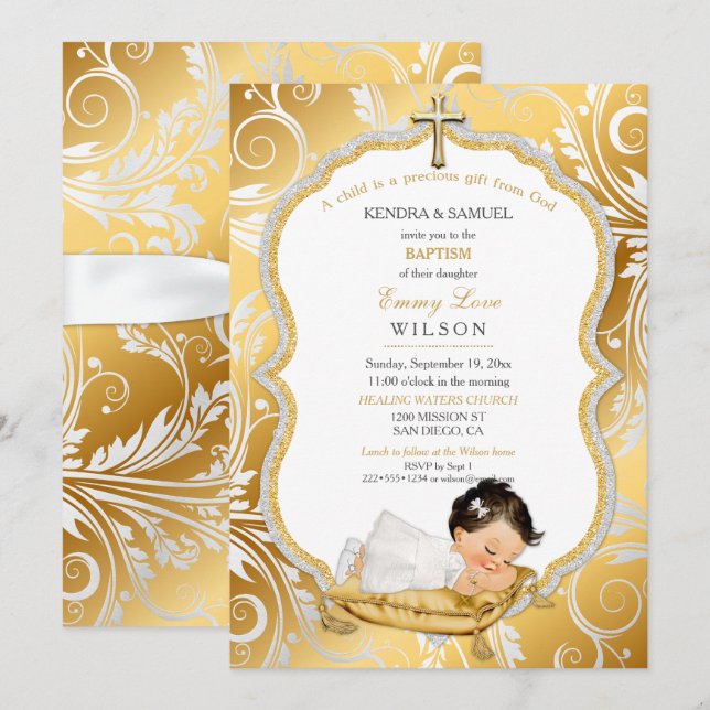 Invitación Baby Girl Baptism Christening Gold Cross (Anverso / Reverso)
