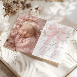 Invitación Baby Girl Baptism Photo Floral Bow Thank you Card