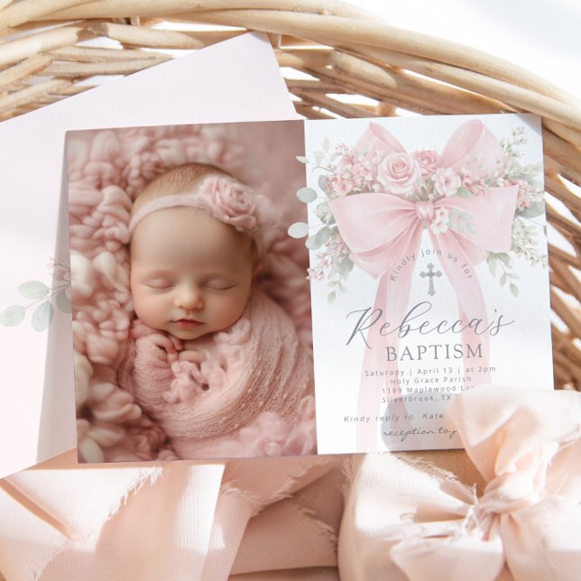 Invitación Baby Girl Baptism Photo Floral Eucalyptus Bow (Subido por el creador)