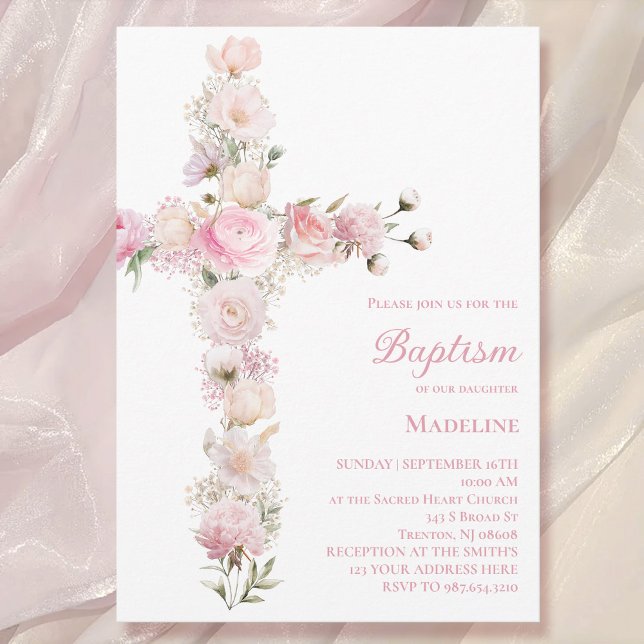 Invitación baby girl Baptism pink floral cross  (Subido por el creador)