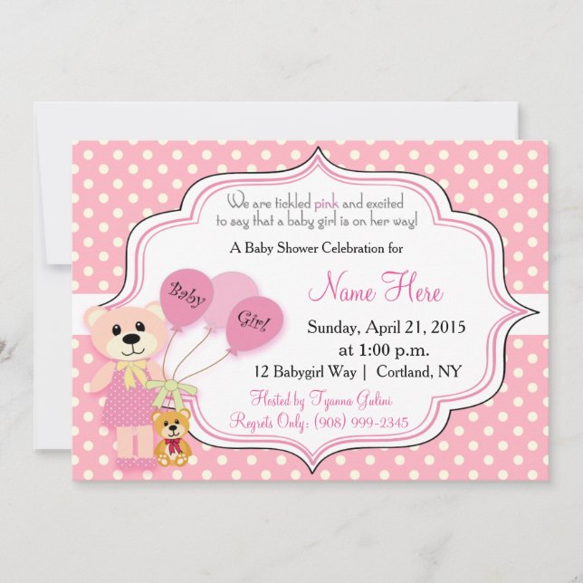 Invitación Baby Girl Bear Baby Shower (Anverso)