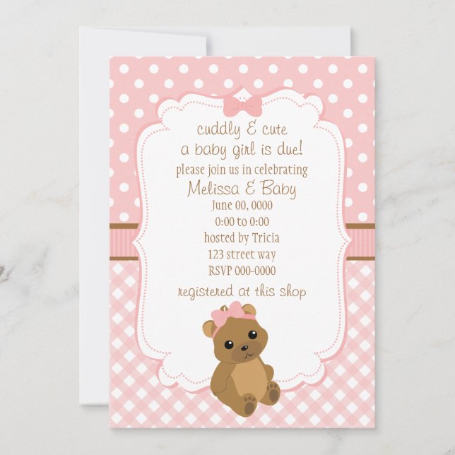 Invitación Baby Girl Bear Baby Shower (Anverso)