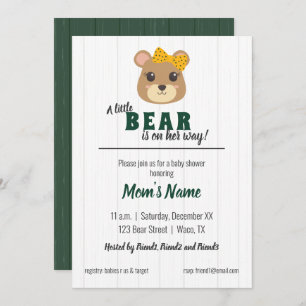 Invitación Baby Girl Bear Green & Gold Baby Shower