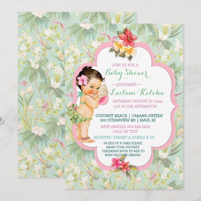 Invitación Baby Girl Bikini Tropical Luau Hawaiian Shell (Anverso / Reverso)