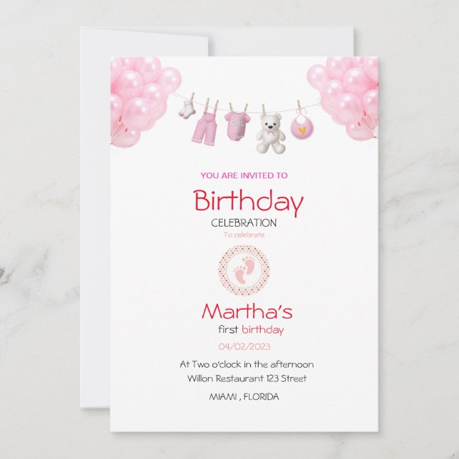 Invitación baby girl birthday invitation card (Anverso)