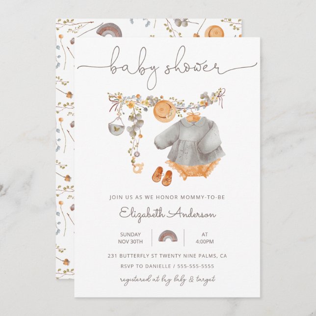 Invitación Baby Girl Clothesline Baby Shower (Anverso / Reverso)