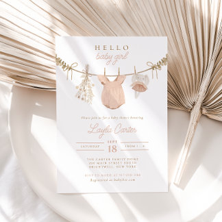 Invitación Baby Girl Clothesline Rubor Pink Boho Baby Shower