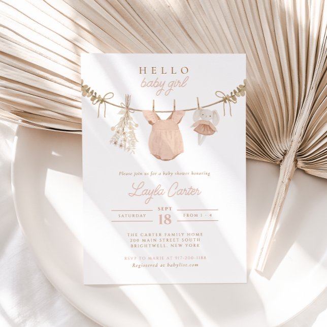 Invitación Baby Girl Clothesline Rubor Pink Boho Baby Shower (Subido por el creador)