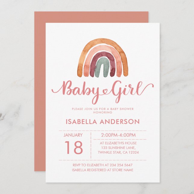 Invitación Baby Girl Cute Boho Rainbow (Anverso / Reverso)
